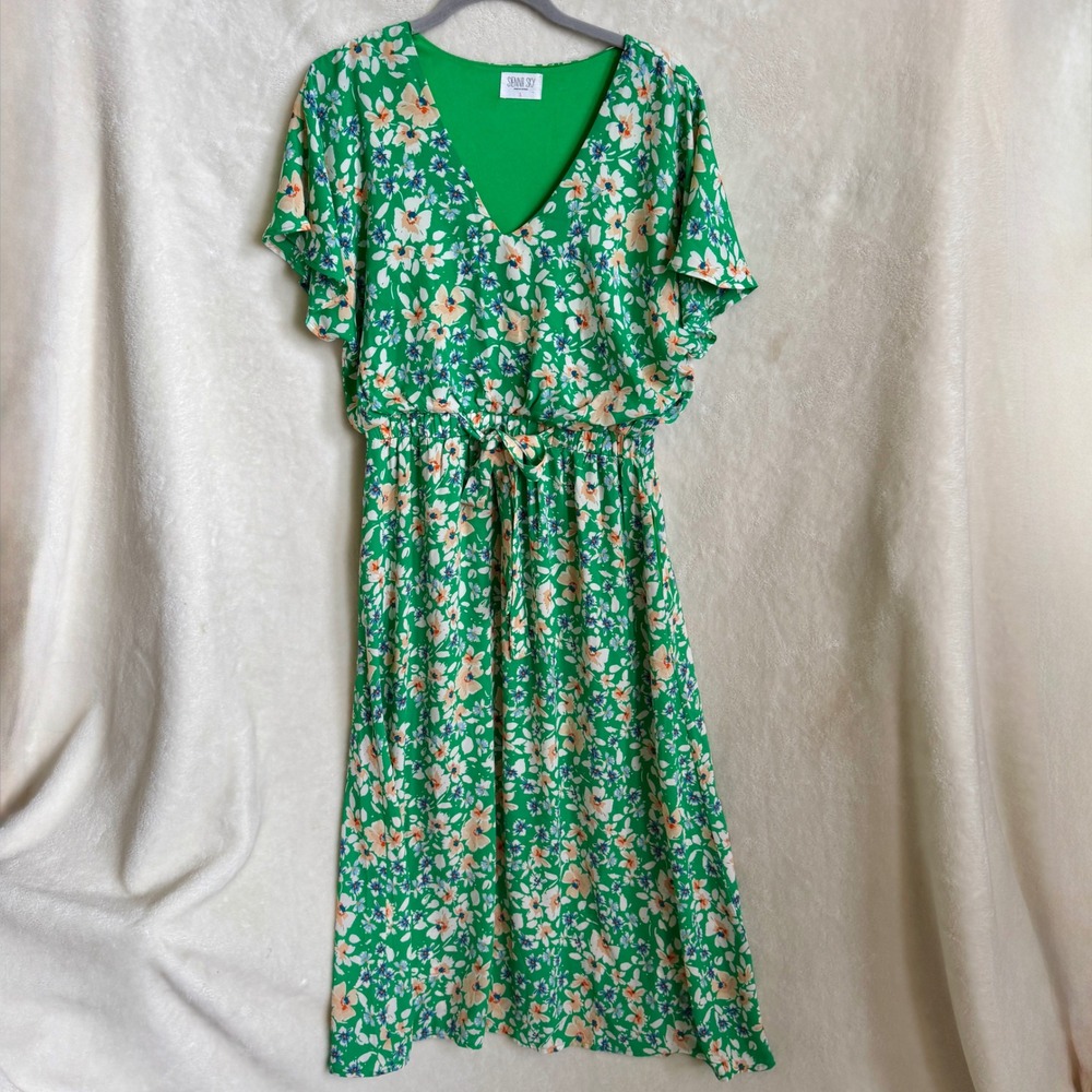 Sienna Sky Green Floral Midi Dress Flutter Sleeve V Neck Tie Waist Size Large